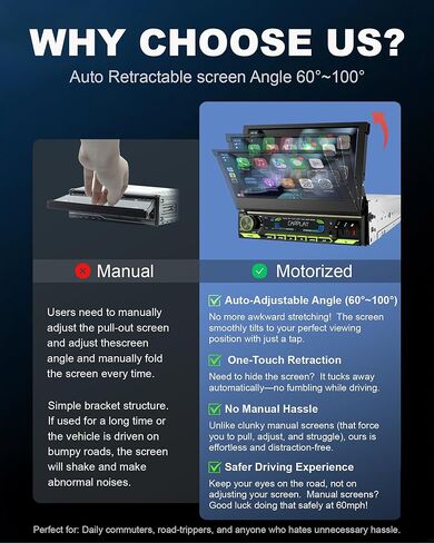 2026 Single Din Car Stereo with Wireless Apple CarPlay & Android Auto, 7-inch HD Motorized Flip Out Touchscreen Head Unit, Upgrade Type-C Fast Charge/USB/Bluetooth 5.1/DSP/AM/FM Radio Receiver in Kuwait