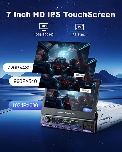 2026 Single Din Car Stereo with Wireless Apple CarPlay & Android Auto, 7-inch HD Motorized Flip Out Touchscreen Head Unit, Upgrade Type-C Fast Charge/USB/Bluetooth 5.1/DSP/AM/FM Radio Receiver in Kuwait