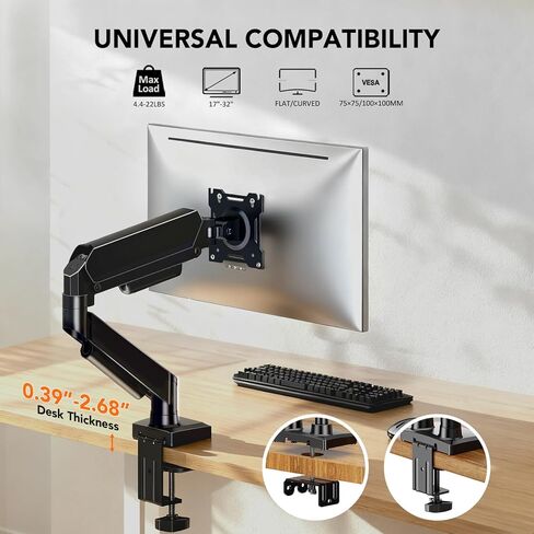 Hemudu Single Monitor Mount, Gas Spring Arm for 17-32 inch Screens Adjustable Monitor Stand, Vesa Mount Stand with Clamp and Grommet Aluminum Base - Fits 4.4 to 22lbs LCD Computer Monitors HD09B-001 in Kuwait