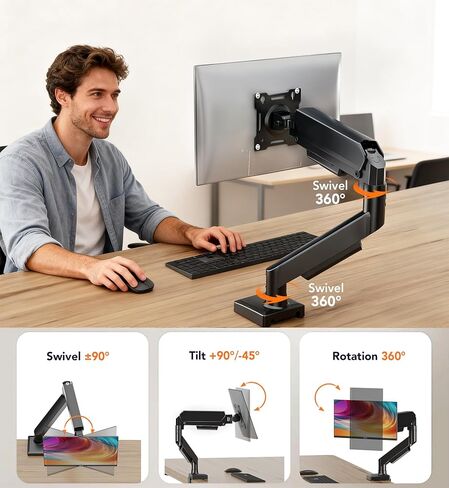 Hemudu Single Monitor Mount, Gas Spring Arm for 17-32 inch Screens Adjustable Monitor Stand, Vesa Mount Stand with Clamp and Grommet Aluminum Base - Fits 4.4 to 22lbs LCD Computer Monitors HD09B-001 in Kuwait