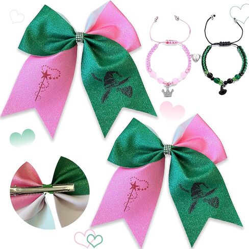 4PCS Wicked Hair Accessories for Girl with a Pair of Wicked Merch Bracelets,Hair Bows for Witch Movie Fans,Pink Green Cute Bow Hair Clips Gifts for Girls Halloween Costume in Saudi Arabia