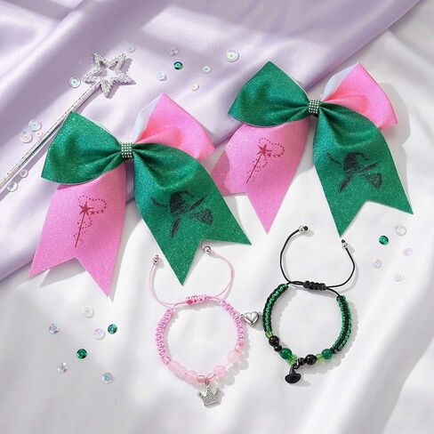4PCS Wicked Hair Accessories for Girl with a Pair of Wicked Merch Bracelets,Hair Bows for Witch Movie Fans,Pink Green Cute Bow Hair Clips Gifts for Girls Halloween Costume in Saudi Arabia