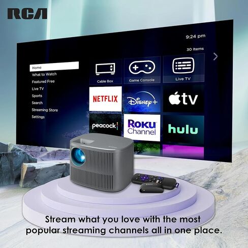 جهاز عرض المسرح المنزلي الذكي RCA 720P HD مخصص لجهاز Roku Streaming (مضمن)، 150 لومن، 3 منافذ HDMI (يدعم 1080 بكسل)، عرض 30-200 بوصة - لون فضي، RPJ185 (متجدد) in Saudi Arabia