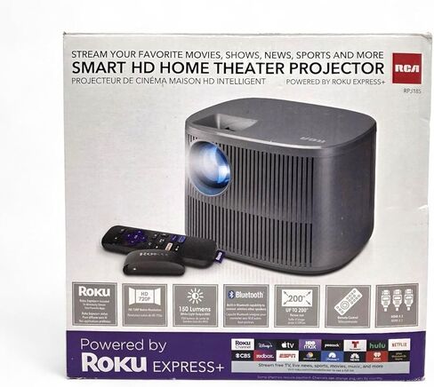 جهاز عرض المسرح المنزلي الذكي RCA 720P HD مخصص لجهاز Roku Streaming (مضمن)، 150 لومن، 3 منافذ HDMI (يدعم 1080 بكسل)، عرض 30-200 بوصة - لون فضي، RPJ185 (متجدد) in Saudi Arabia