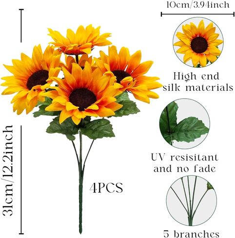 عباد الشمس الزهور الاصطناعية، 4 حزم وهمية زهرة الخريف عباد الشمس الحرير مقاومة للأشعة فوق البنفسجية لمزهرية الخريف طاولة الزفاف المنزل الشرفة فناء حديقة ديكور داخلي في الهواء الطلق in Kuwait