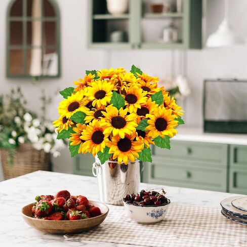 عباد الشمس الزهور الاصطناعية، 4 حزم وهمية زهرة الخريف عباد الشمس الحرير مقاومة للأشعة فوق البنفسجية لمزهرية الخريف طاولة الزفاف المنزل الشرفة فناء حديقة ديكور داخلي في الهواء الطلق in Kuwait