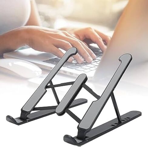 حامل كمبيوتر محمول محمول - قابل للطي وقابل لتعديل الارتفاع، تصميم تبريد سفلي، ABS سميك مضاد للانزلاق + سيليكون + محور حديدي، مثالي لأجهزة الكمبيوتر والأجهزة اللوحية، للاستخدام المنزلي والمكتبي، أسود in Saudi Arabia