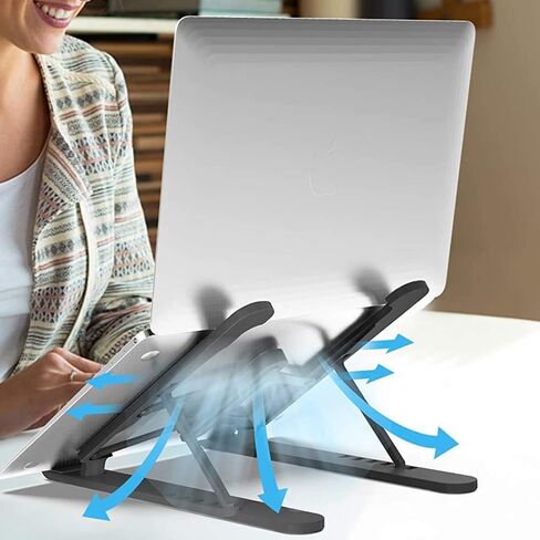 حامل كمبيوتر محمول محمول - قابل للطي وقابل لتعديل الارتفاع، تصميم تبريد سفلي، ABS سميك مضاد للانزلاق + سيليكون + محور حديدي، مثالي لأجهزة الكمبيوتر والأجهزة اللوحية، للاستخدام المنزلي والمكتبي، أسود in Saudi Arabia