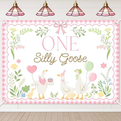لافتة خلفية Avezano One Silly Goose للأطفال من Goose ديكور حفلات عيد الميلاد الأول، مزرعة البط، لوازم حفلات عيد الميلاد الأول (وردي، 6 × 3.6 قدم) in Kuwait