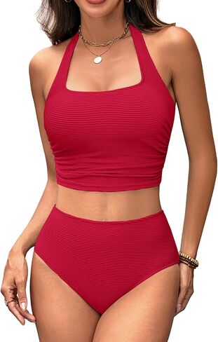 BMJL Womens High Waisted Bikini Set Halter Two Piece Swimsuit Ribbed Ruched Tummy Control Bathing Suit with Built-in Bra in Saudi Arabia