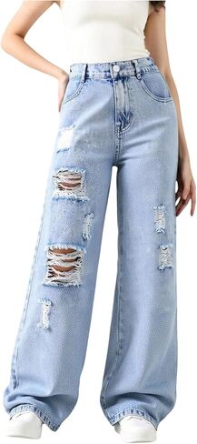OYOANGLE Girl's Ripped Jeans Zipper Fly Distressed Wide Leg Baggy Denim Pants with Pockets Streetwear in Saudi Arabia