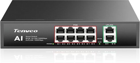 Tenveo 8 Port Full Gigabit PoE Switch, 8 PoE+ Ports @120W, 2*Uplink Port, Plug & Play, Support VLAN, Metal Case, High Stability, Easy Smart Managed Ethernet Switch, Ideal for Various Live Streaming in Saudi Arabia