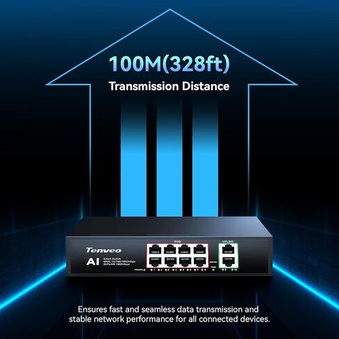 Tenveo 8 Port Full Gigabit PoE Switch, 8 PoE+ Ports @120W, 2*Uplink Port, Plug & Play, Support VLAN, Metal Case, High Stability, Easy Smart Managed Ethernet Switch, Ideal for Various Live Streaming in Saudi Arabia