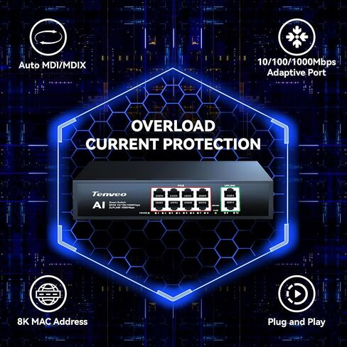 Tenveo 8 Port Full Gigabit PoE Switch, 8 PoE+ Ports @120W, 2*Uplink Port, Plug & Play, Support VLAN, Metal Case, High Stability, Easy Smart Managed Ethernet Switch, Ideal for Various Live Streaming in Saudi Arabia