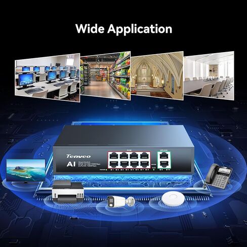 Tenveo 8 Port Full Gigabit PoE Switch, 8 PoE+ Ports @120W, 2*Uplink Port, Plug & Play, Support VLAN, Metal Case, High Stability, Easy Smart Managed Ethernet Switch, Ideal for Various Live Streaming in Saudi Arabia