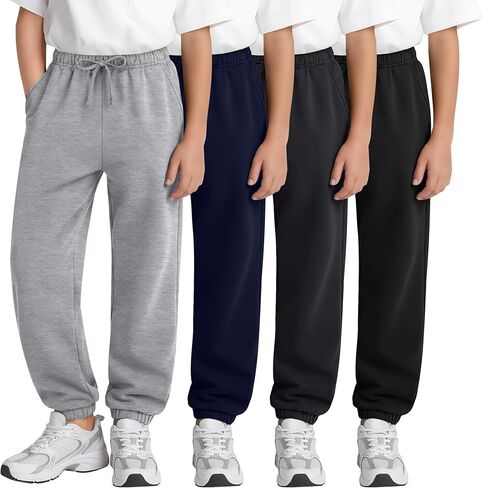 4 Pack Boys Sweatpants with Pockets, Kids Athletic Drawstring Joggers Relaxed Fit Soft Sweat Pants for 5-14 Years in Kuwait