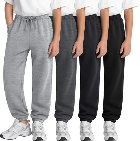 4 Pack Boys Sweatpants with Pockets, Kids Athletic Drawstring Joggers Relaxed Fit Soft Sweat Pants for 5-14 Years in Kuwait