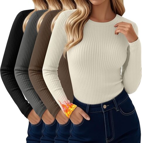 4 Pack Women's Thermal Long Sleeve Shirt Ribbed Cotton Slim Tops Crew Neck Basic Undershirt Stretch Layer Blouses in Saudi Arabia