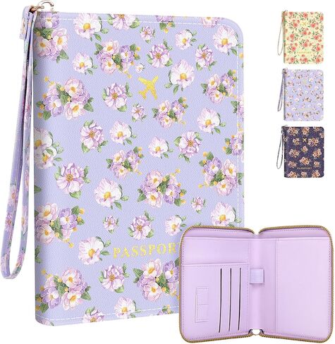 Passport Holder, Passport Cover Women/Men, Leather Travel Essentials with Safe Zipper Closure, Card Holder Wallet RFID Blocking, Cute Passport Book, Navy Blue Flowers in Kuwait