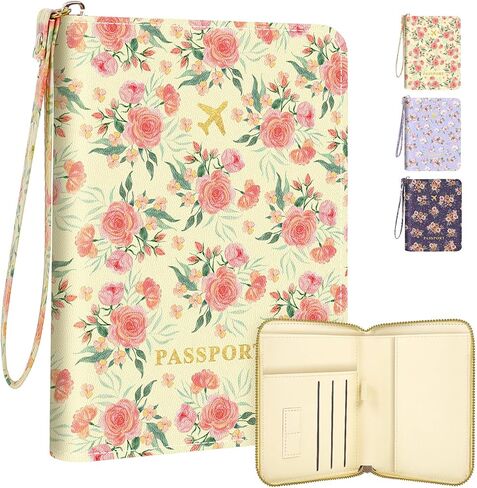 Passport Holder, Passport Cover Women/Men, Leather Travel Essentials with Safe Zipper Closure, Card Holder Wallet RFID Blocking, Cute Passport Book, Navy Blue Flowers in Kuwait