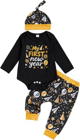 New Years Baby Boy Outfit Letter Print Long Sleeve Romper Pants Hat Cute My First New Years Baby Boy Outfit in Saudi Arabia
