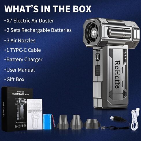 Compressed Air Duster - 130000RPM Mini Cordless Electric Duster with 2 Rechargeable Batteries, 4-Speed Adjustable with LED Light & 3 Nozzles Air Dust Blower for Computer Keyboard/Car/Home/Outdoor in Kuwait