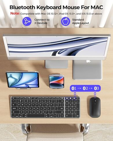 لوحة مفاتيح وماوس بلوتوث لاسلكي لجهاز Mac، لوحة مفاتيح وماوس نحيف قابلان لإعادة الشحن متعدد الأجهزة من الفولاذ المقاوم للصدأ بالحجم الكامل، متوافق مع MacBook Pro/Air، iPad، Mac in Saudi Arabia
