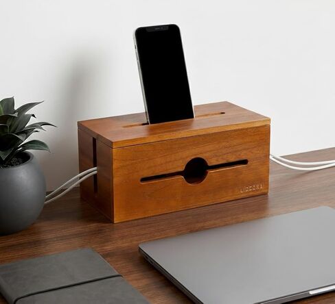 Wooden Cable Management Box for Power Strips, Desk Cord Organizer for Home Office & TV Stand, Hidden Cable Storage with Phone Stand in Saudi Arabia
