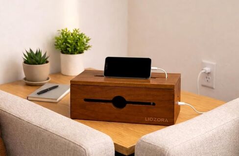 Wooden Cable Management Box for Power Strips, Desk Cord Organizer for Home Office & TV Stand, Hidden Cable Storage with Phone Stand in Saudi Arabia