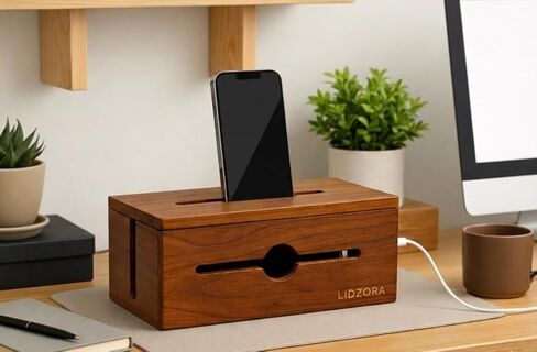 Wooden Cable Management Box for Power Strips, Desk Cord Organizer for Home Office & TV Stand, Hidden Cable Storage with Phone Stand in Saudi Arabia
