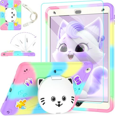 حافظة لجهاز iPad (A16) الجيل الحادي عشر 2025 /الجيل العاشر 10.9 بوصة 2022 مع واقي شاشة من الزجاج المقوى، وحزام كتف حامل للقطط وحامل قلم رصاص، مقاوم للصدمات لجهاز iPad الجيل العاشر للأطفال البنات- ملون in Kuwait