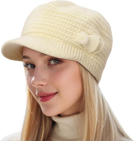 Beret Hat for Women - Womens Winter Hats Warm Thermal Knitted Visor Beanies Hats Fleece Lined Slouchy Beanie Cap with Brim in Saudi Arabia