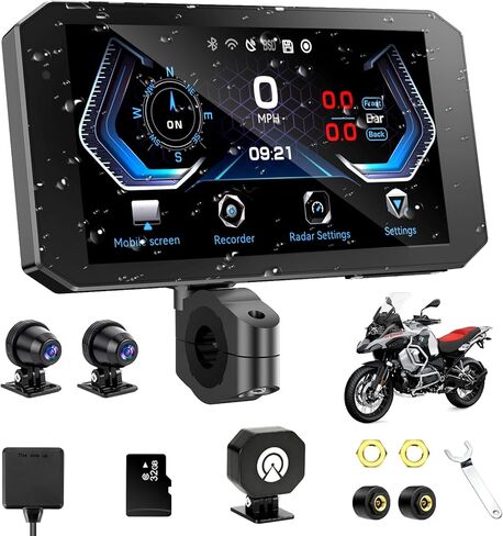 52HZ Motorcycle Carplay Android Auto مع شاشة لمس مقاومة للماء IPX67 مقاس 5.5 بوصة، TPMS، رادار موجة ملليمتر، ملاحة GPS، كاميرا داش مزدوجة 2K، بلوتوث مزدوج، تحكم صوتي، تنبيهات في الوقت الفعلي in Kuwait