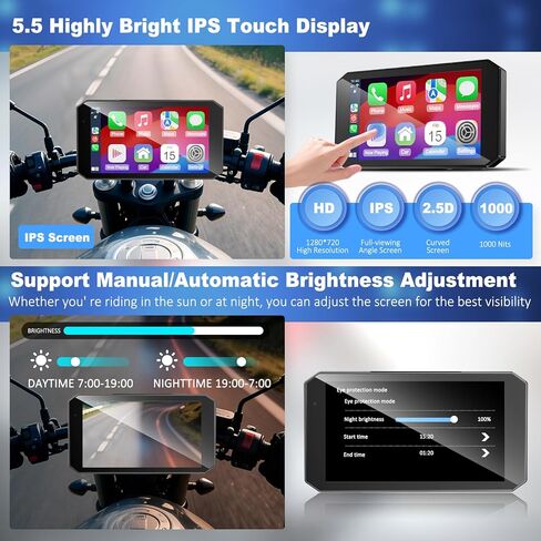 52HZ Motorcycle Carplay Android Auto مع شاشة لمس مقاومة للماء IPX67 مقاس 5.5 بوصة، TPMS، رادار موجة ملليمتر، ملاحة GPS، كاميرا داش مزدوجة 2K، بلوتوث مزدوج، تحكم صوتي، تنبيهات في الوقت الفعلي in Kuwait