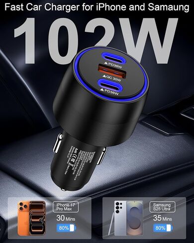 شاحن سيارة USB C، محول ولاعة سجائر بـ 3 منافذ شحن سريع للغاية لهاتف iPhone 17 Pro/Air/16/15/14/13/iPad، وUSBA وUSBC ملحقات شاحن هاتف السيارة متعدد المنافذ لهاتف Samsung S25/S24 FE/S23/S22/A17 in Saudi Arabia