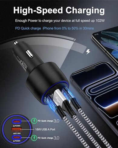 شاحن سيارة USB C، محول ولاعة سجائر بـ 3 منافذ شحن سريع للغاية لهاتف iPhone 17 Pro/Air/16/15/14/13/iPad، وUSBA وUSBC ملحقات شاحن هاتف السيارة متعدد المنافذ لهاتف Samsung S25/S24 FE/S23/S22/A17 in Saudi Arabia