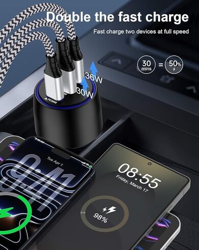 شاحن سيارة USB C، محول ولاعة سجائر بـ 3 منافذ شحن سريع للغاية لهاتف iPhone 17 Pro/Air/16/15/14/13/iPad، وUSBA وUSBC ملحقات شاحن هاتف السيارة متعدد المنافذ لهاتف Samsung S25/S24 FE/S23/S22/A17 in Saudi Arabia