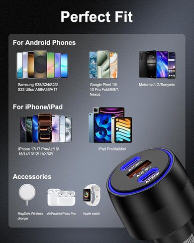 شاحن سيارة USB C، محول ولاعة سجائر بـ 3 منافذ شحن سريع للغاية لهاتف iPhone 17 Pro/Air/16/15/14/13/iPad، وUSBA وUSBC ملحقات شاحن هاتف السيارة متعدد المنافذ لهاتف Samsung S25/S24 FE/S23/S22/A17 in Saudi Arabia