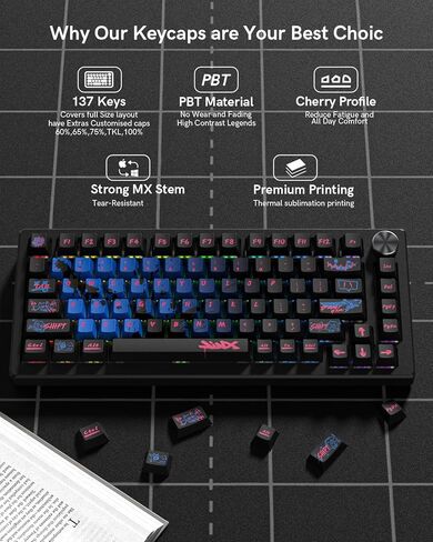 أغطية مفاتيح PBT، مجموعة أغطية مفاتيح ذات سمة Jinx للوحة المفاتيح الميكانيكية، وملف تعريف الكرز وأغطية مفاتيح لوحة المفاتيح المخصصة عالية التباين لـ 60 65 75 100 بالمائة (مجموعة أغطية مفاتيح 137) in Kuwait