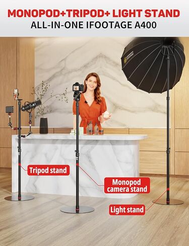 IFOOTAGE Round Base Monopods A400+A300+A200, Studio Stand Kit Set Photography Light Stand with Flat Base, Aluminum Studio Tripod Monopod Stand for Video Recording, Live Streaming, Interview in Saudi Arabia