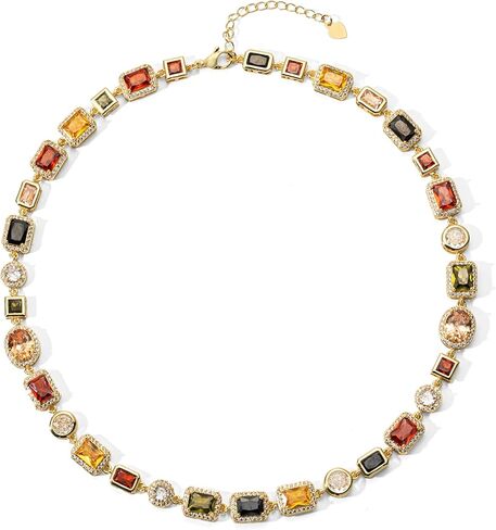 Tennis Necklace for Women,DaintyGold Plated Diamond Crystal Choker, Colorful Cubic Zirconia Chain Gemstones Statement Necklace for Men Bride Wedding Valentine's Day Gifts | One Size - 16.5 Inches in Kuwait