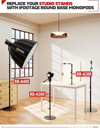 IFOOTAGE Round Base Monopods 2 Pack A400+A300+A200, Studio Stand Kit Set Photography Light Stand with Flat Base, Aluminum Studio Tripod Monopod Stand for Video Recording, Live Streaming, Interview in Saudi Arabia