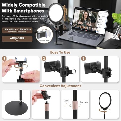 10W 12" Ring Light with Desk Stand & Phone Holder, Dimmable 360° Rotatable LED Full Screen Computer Lamp for Zoom Meetings, Streaming, Gaming, TikTok,YouTube,Videos with Night Light Mode in Saudi Arabia