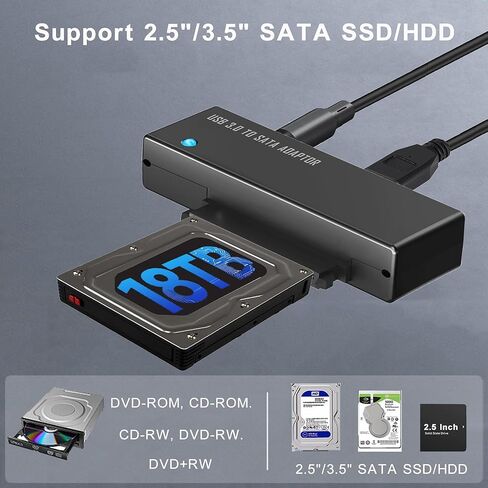 محول USB 3.0 إلى SATA، كابل محول 2 في 1 USB C وUSB A إلى SATA مع مصدر طاقة 12 فولت/2 أمبير، يدعم 2.5/3.5 بوصة HDD/SSD حتى 18 تيرابايت، UASP لنقل البيانات عالية السرعة والنسخ الاحتياطي والتوصيل والتشغيل in Kuwait