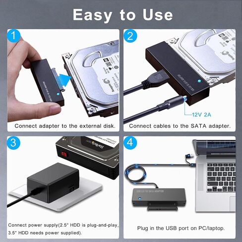 محول USB 3.0 إلى SATA، كابل محول 2 في 1 USB C وUSB A إلى SATA مع مصدر طاقة 12 فولت/2 أمبير، يدعم 2.5/3.5 بوصة HDD/SSD حتى 18 تيرابايت، UASP لنقل البيانات عالية السرعة والنسخ الاحتياطي والتوصيل والتشغيل in Kuwait