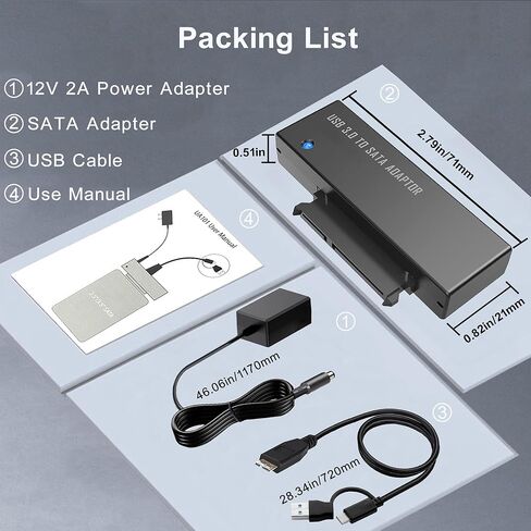 محول USB 3.0 إلى SATA، كابل محول 2 في 1 USB C وUSB A إلى SATA مع مصدر طاقة 12 فولت/2 أمبير، يدعم 2.5/3.5 بوصة HDD/SSD حتى 18 تيرابايت، UASP لنقل البيانات عالية السرعة والنسخ الاحتياطي والتوصيل والتشغيل in Kuwait