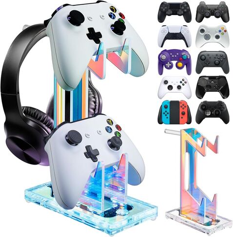 Nihome Iridescent Acrylic Multi-Tier Game Controller & سماعات الرأس حامل مع إضاءة LED قابلة للتخصيص ، 7 ألوان و 3 ألوان و 3 ، منظم مكتب ألعاب مضاد للانزلاق (3 مستويات) in Saudi Arabia