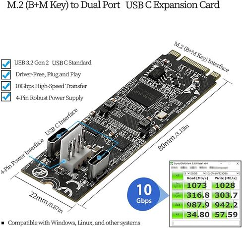 M.2 (B+M Key) to Dual USB-C 10Gbps Expansion Card IO-M2F3142-2C, USB 3.2 Gen2 Adapter with 4-Pin Power, Compatible with Industrial Cameras, Live Streaming Devices, and High-Speed SSDs in Saudi Arabia