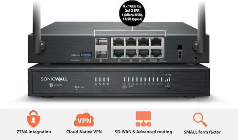 SonicWall TZ280W (03-SSC-1825) - جدار الحماية اللاسلكي من الجيل التالي - إنتاجية تبلغ 2.5 جيجابت في الثانية، ومنع التهديدات بسرعة 1 جيجابت في الثانية، وشبكة WAN آمنة لبطاقة SD | النشر بدون لمس للتثبيت السريع in Kuwait