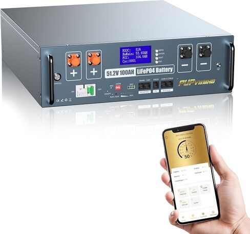 بطارية ليثيوم 48 فولت 100 أمبير LiFePO4، تدعم الاتصالات العاكسة، جهاز تحكم عن بعد WIFI، شاشة ذكية، بلوتوث، دورات مدمجة 100 أمبير BMS8000+، بحد أقصى. خرج طاقة 5.12 كيلو وات مثالي للنظام الشمسي وخارج الشبكة in Kuwait
